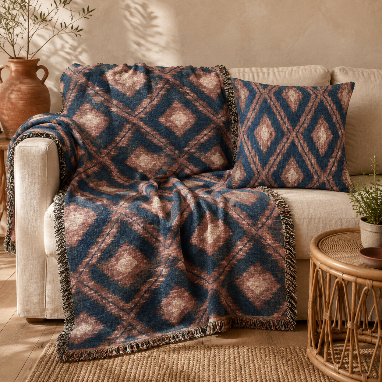 Navy Boho Aztec woven blanket with two matching Boho Aztec woven pillows on a rattan sofa