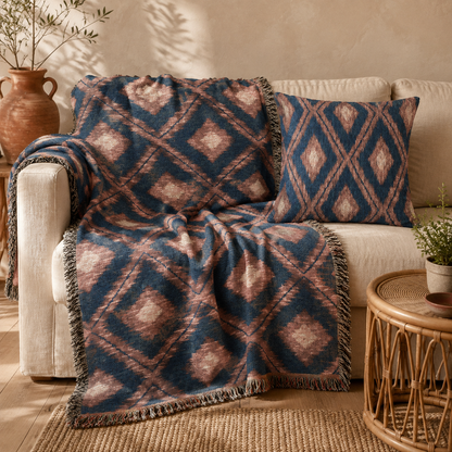 Navy Boho Aztec woven blanket with two matching Boho Aztec woven pillows on a rattan sofa