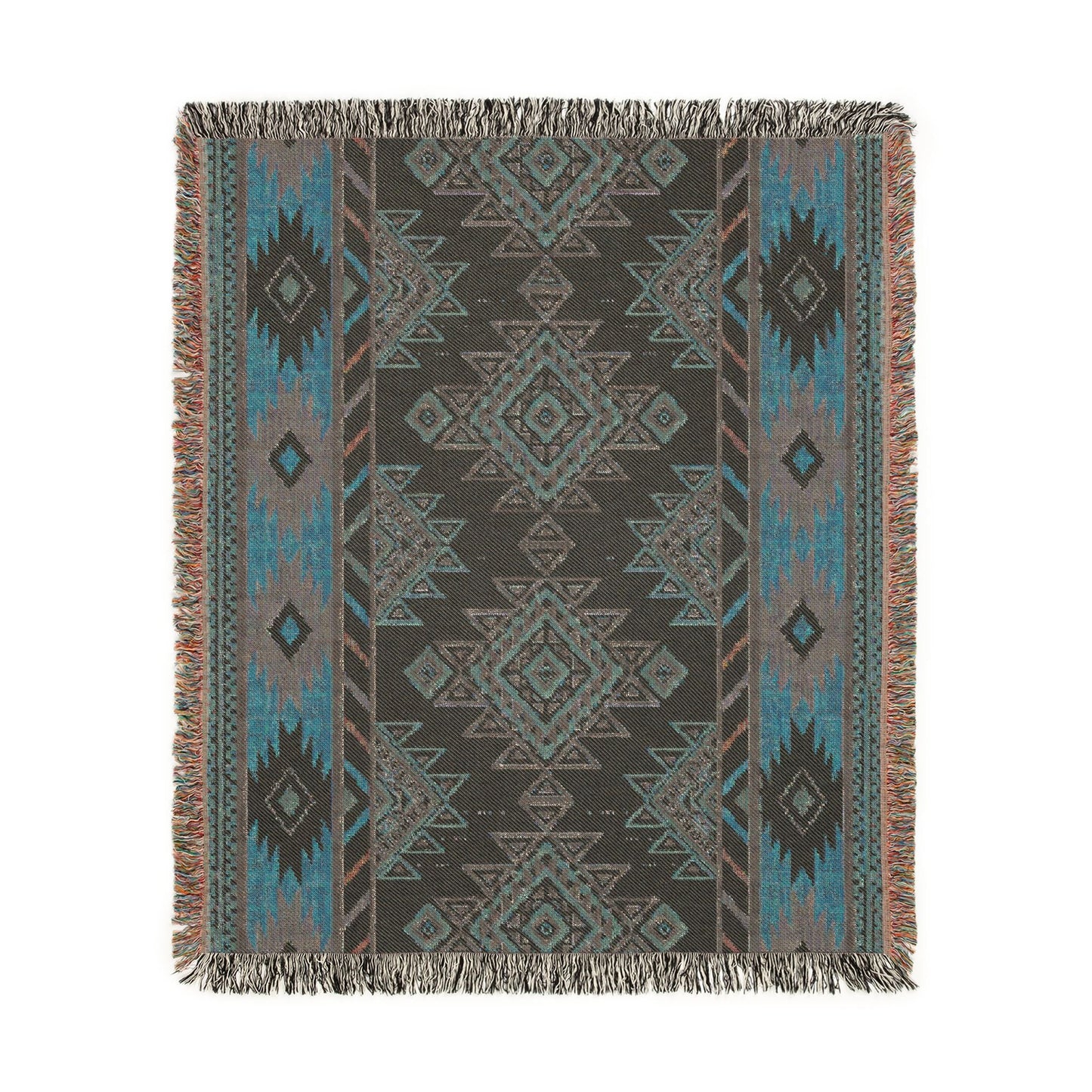 Reverse side of the Boho Aztec woven blanket in muted teal and grey