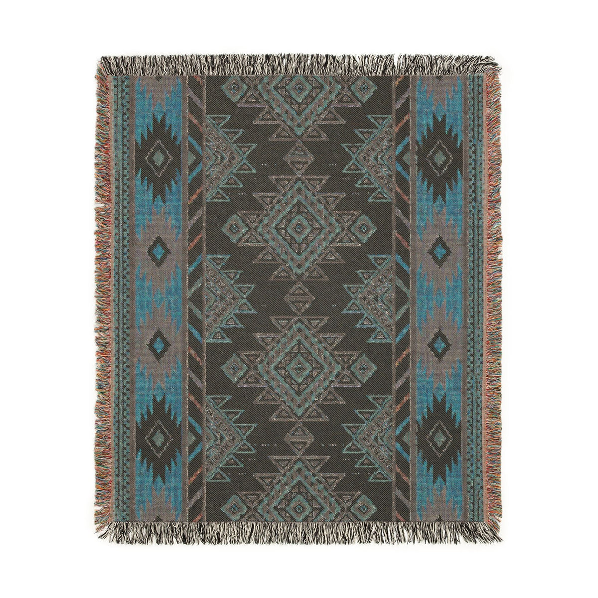 Reverse side of the Boho Aztec woven blanket in muted teal and grey