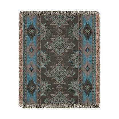 Reverse side of the Boho Aztec woven blanket in muted teal and grey