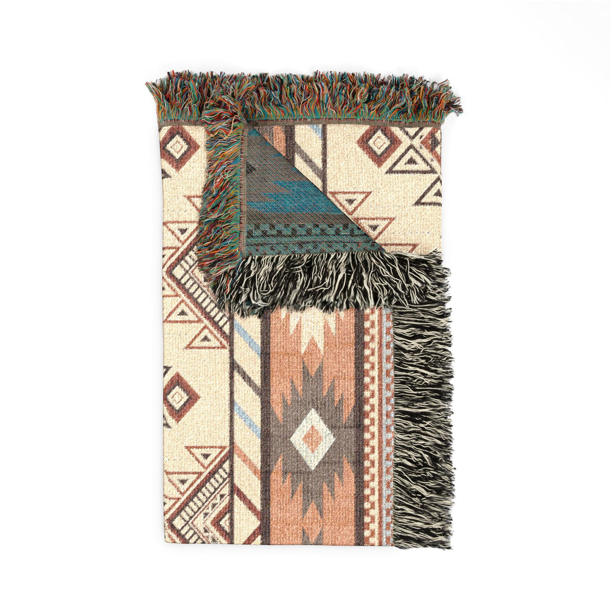 Folded Boho Aztec woven blanket showing the fringed edge and the teal reverse side