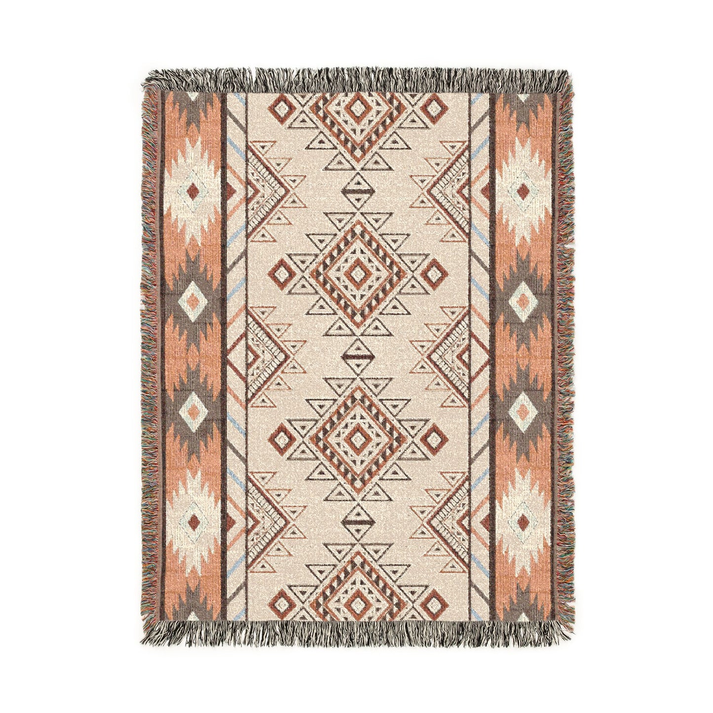 Boho Aztec woven blanket in cream with terracotta and grey diamond bands, shown flat