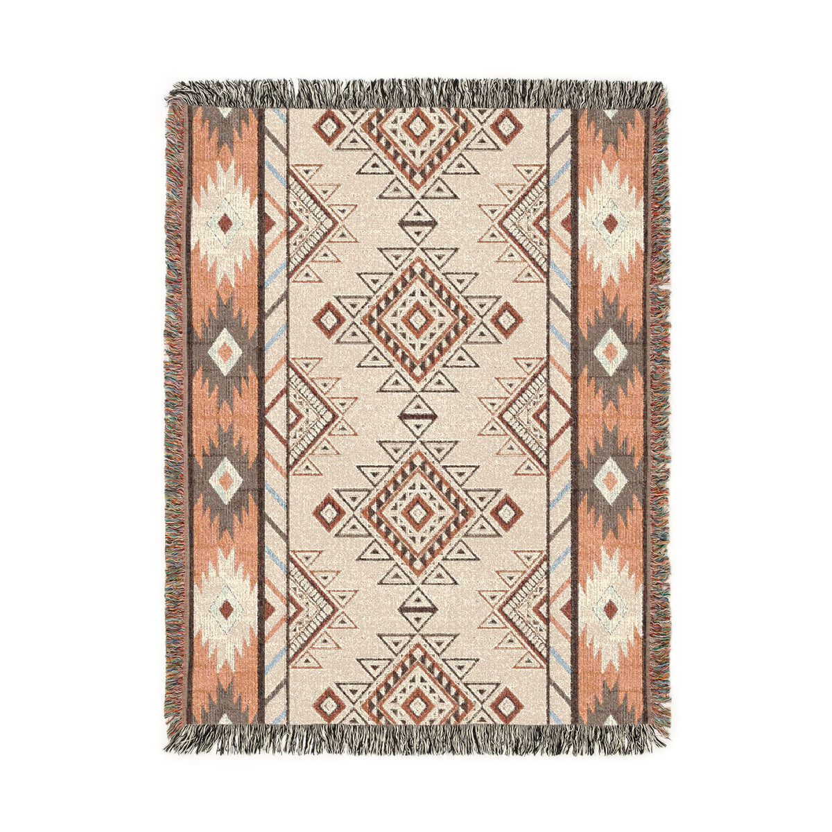 Boho Aztec woven blanket in cream with terracotta and grey diamond bands, shown flat