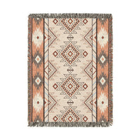 Boho Aztec woven blanket in cream with terracotta and grey diamond bands, shown flat