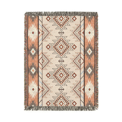 Boho Aztec woven blanket in cream with terracotta and grey diamond bands, shown flat