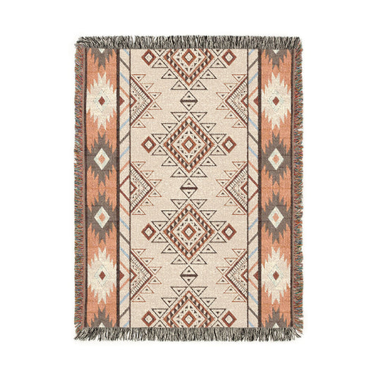 Boho Aztec woven blanket in cream with terracotta and grey diamond bands, shown flat