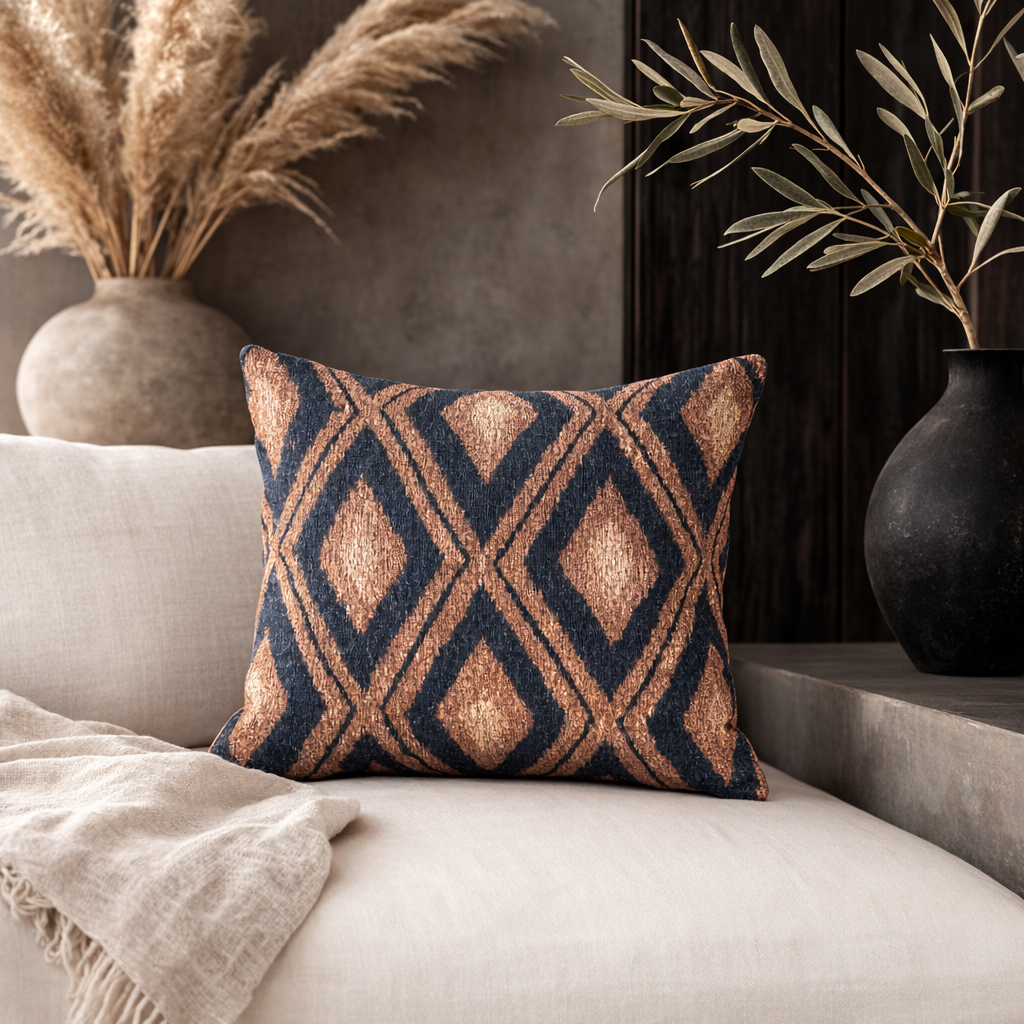 Navy Boho Aztec woven pillow on a cream sofa with dried palm leaves and a charcoal cushion