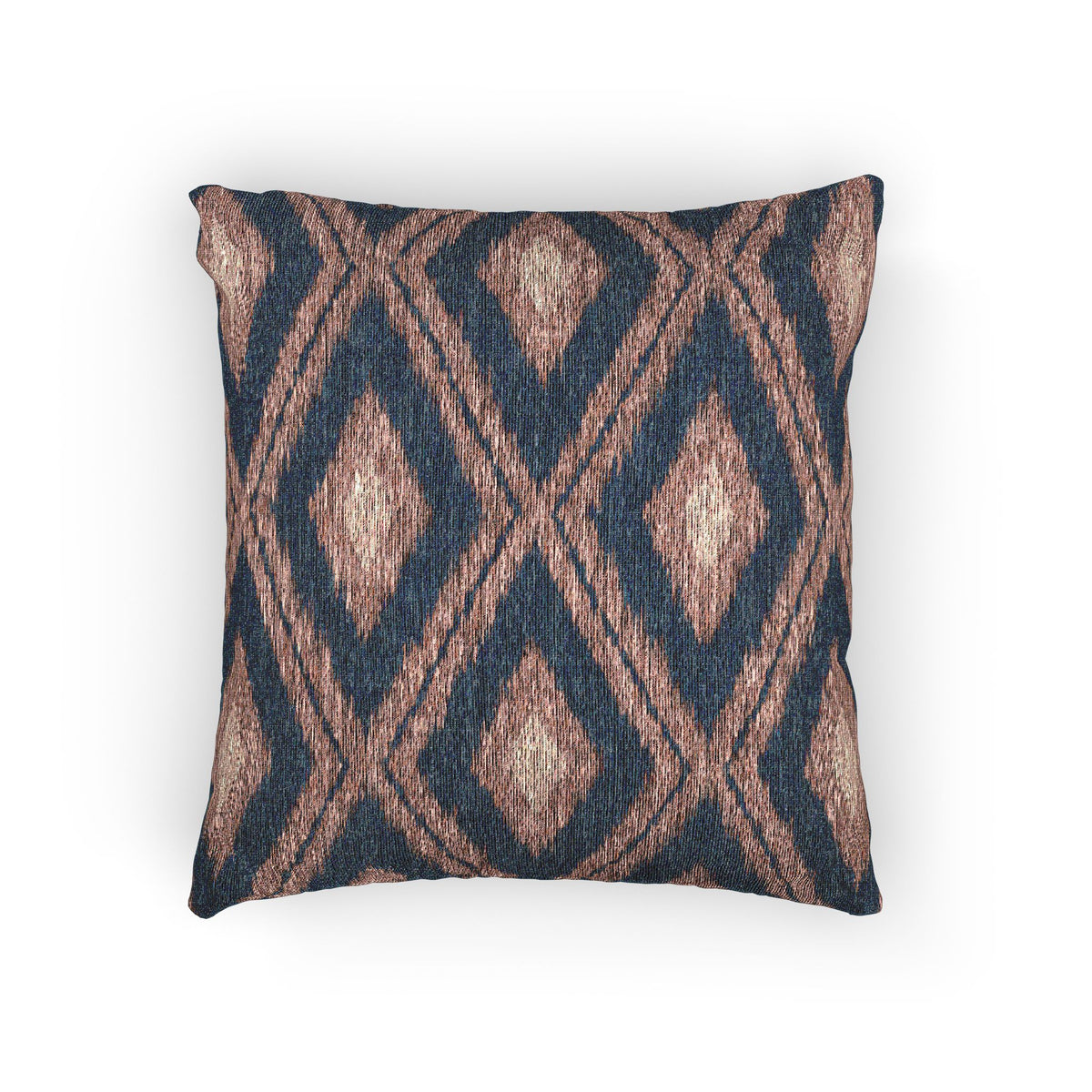 Boho Aztec woven pillow in navy with rust and cream diamonds, front view