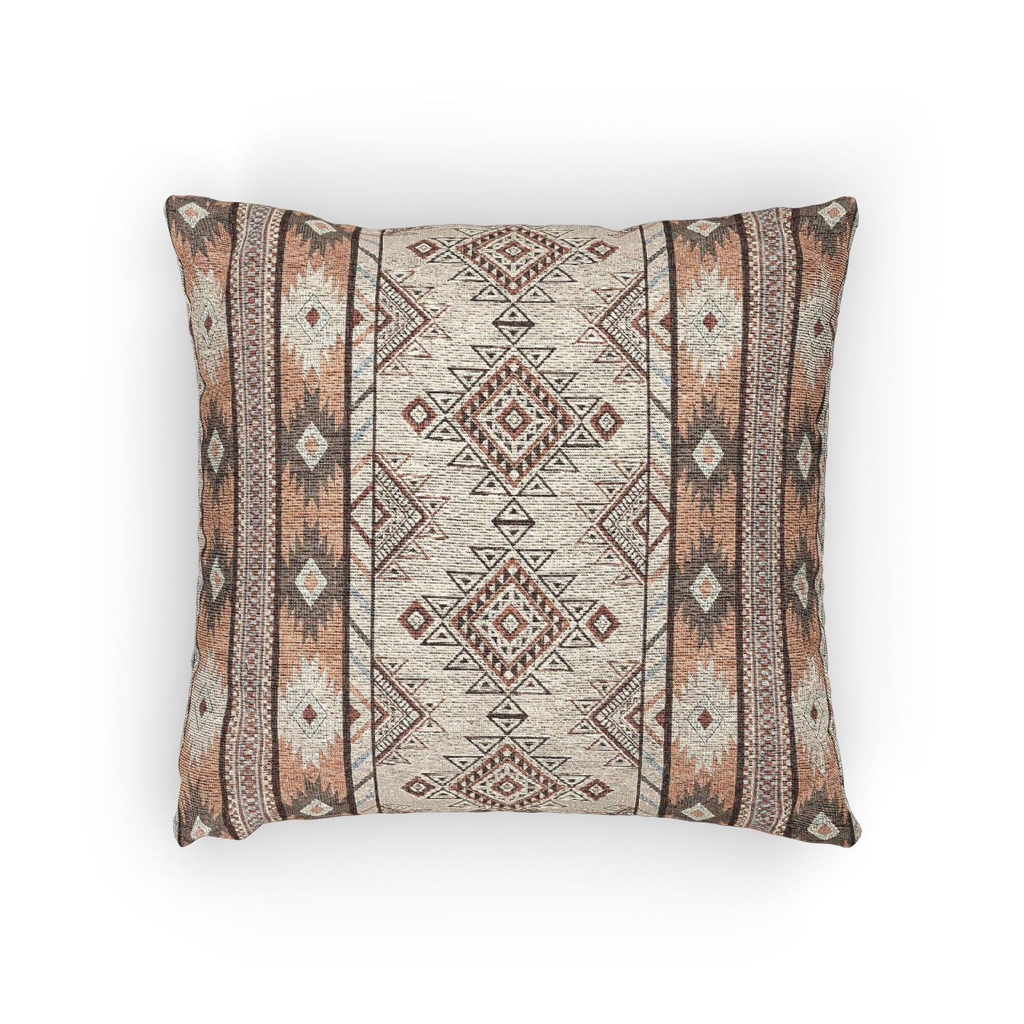 Boho Aztec woven pillow in cream with terracotta and grey diamond bands, front view