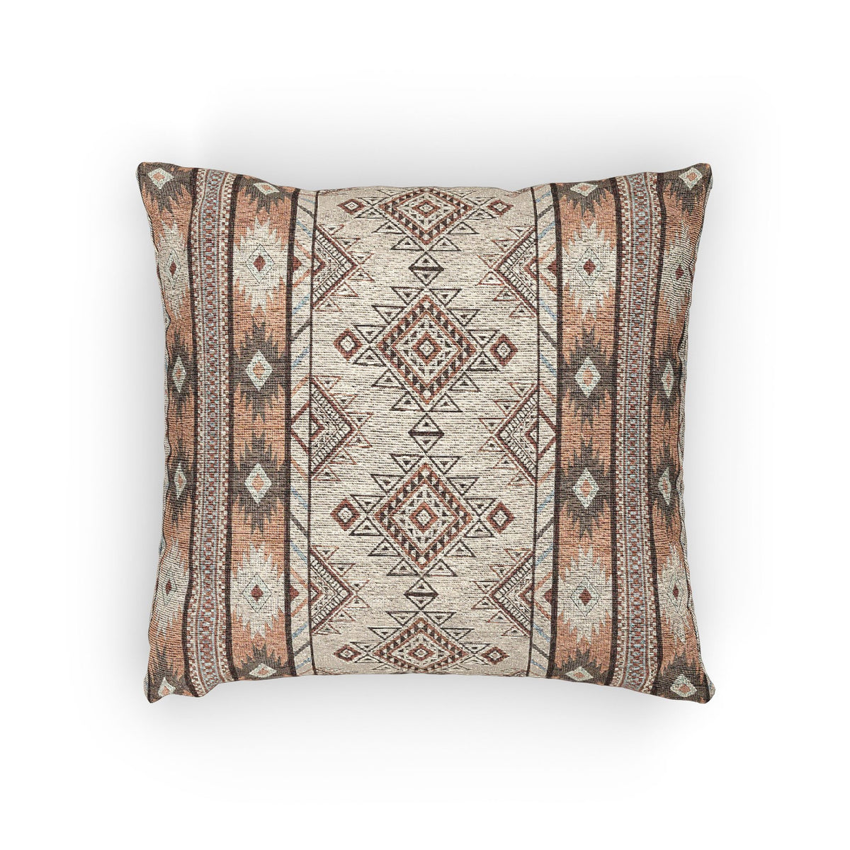 Boho Aztec woven pillow in cream with terracotta and grey diamond bands, front view