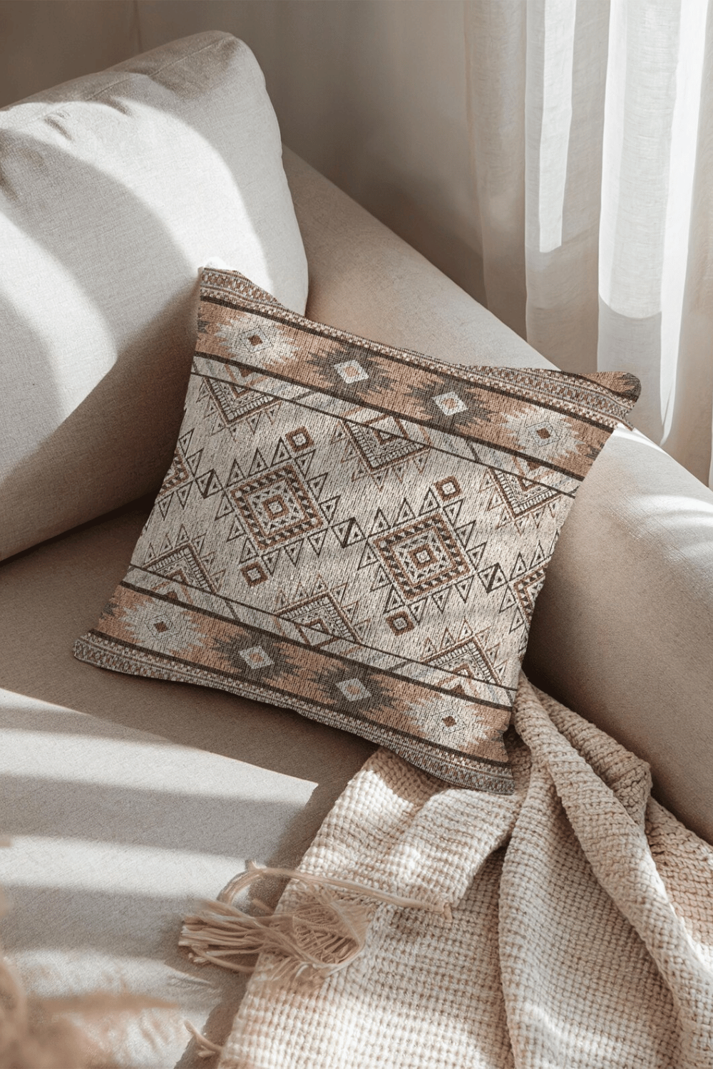 Boho Aztec woven pillow on a striped sofa with a cream throw