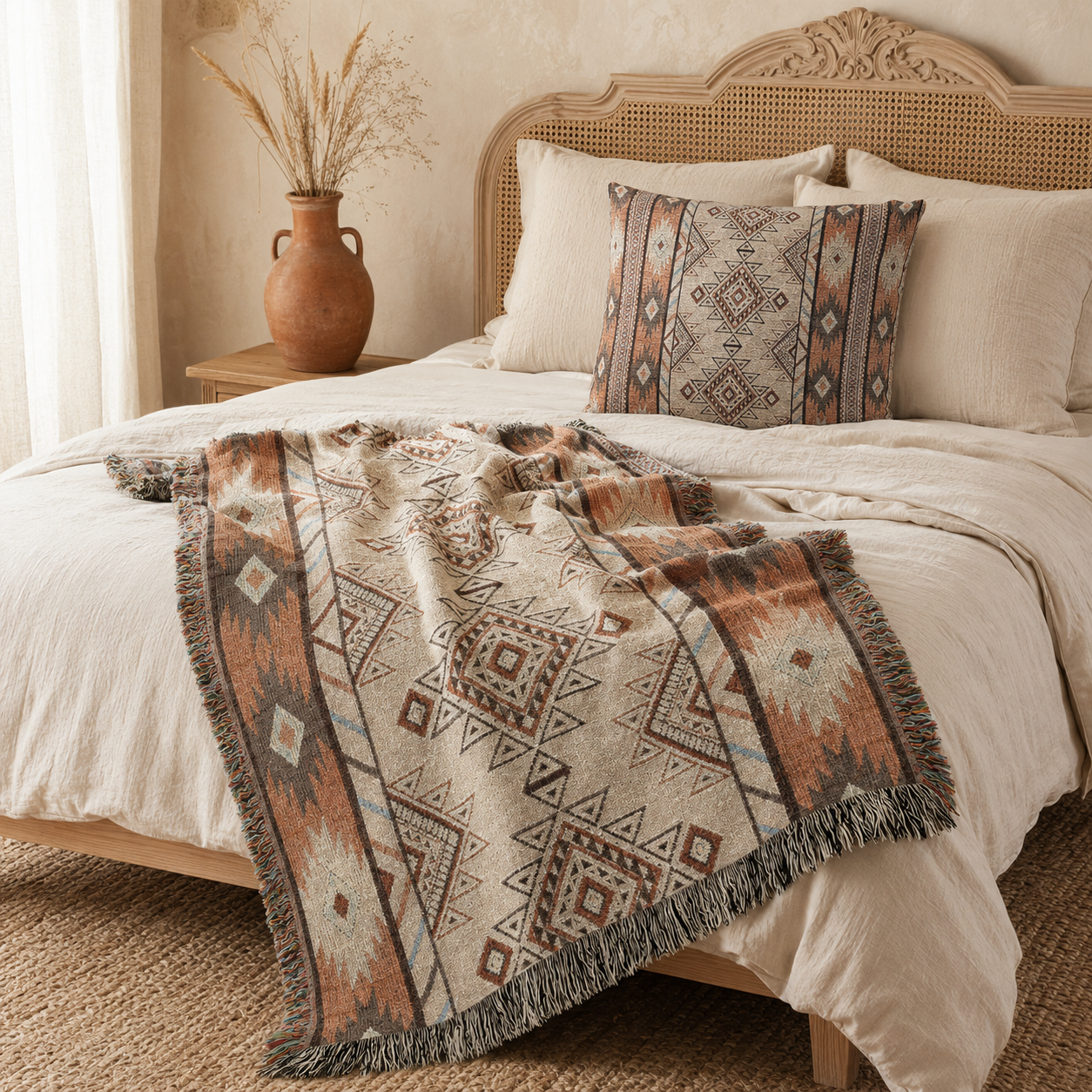 Boho Aztec woven pillow and matching woven blanket on a bed with cream linens