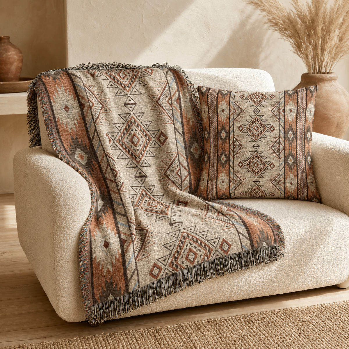 Boho Aztec woven pillow with the matching Boho Aztec woven blanket on a cream sofa