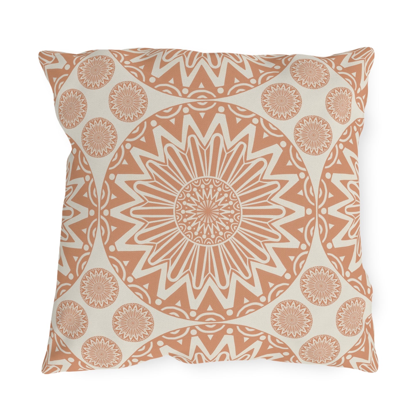 Boho Mandala outdoor pillow in terracotta and cream with a large mandala medallion, front view