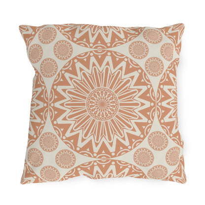 Boho Mandala outdoor pillow in terracotta and cream with a large mandala medallion, front view