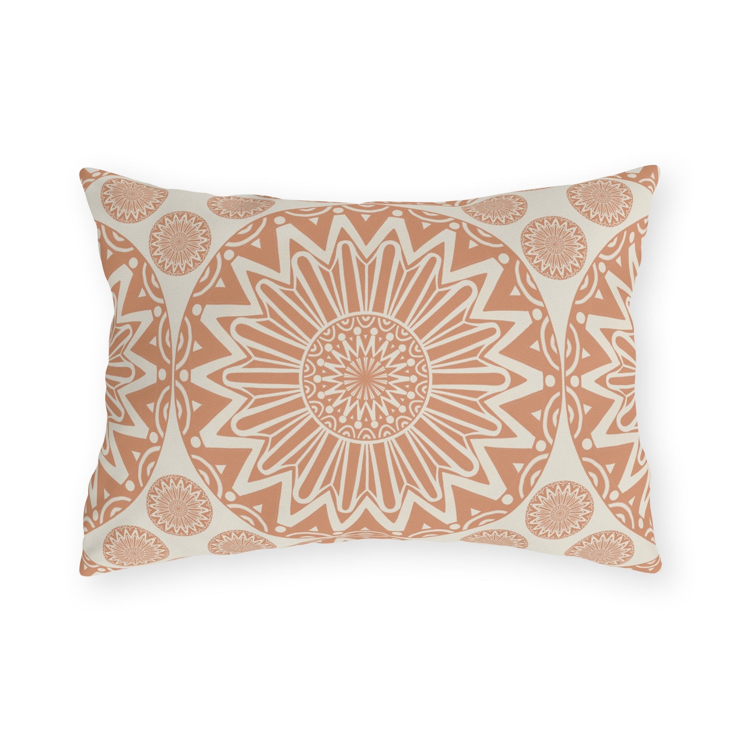 Boho Mandala outdoor pillow in the rectangular lumbar size, front view