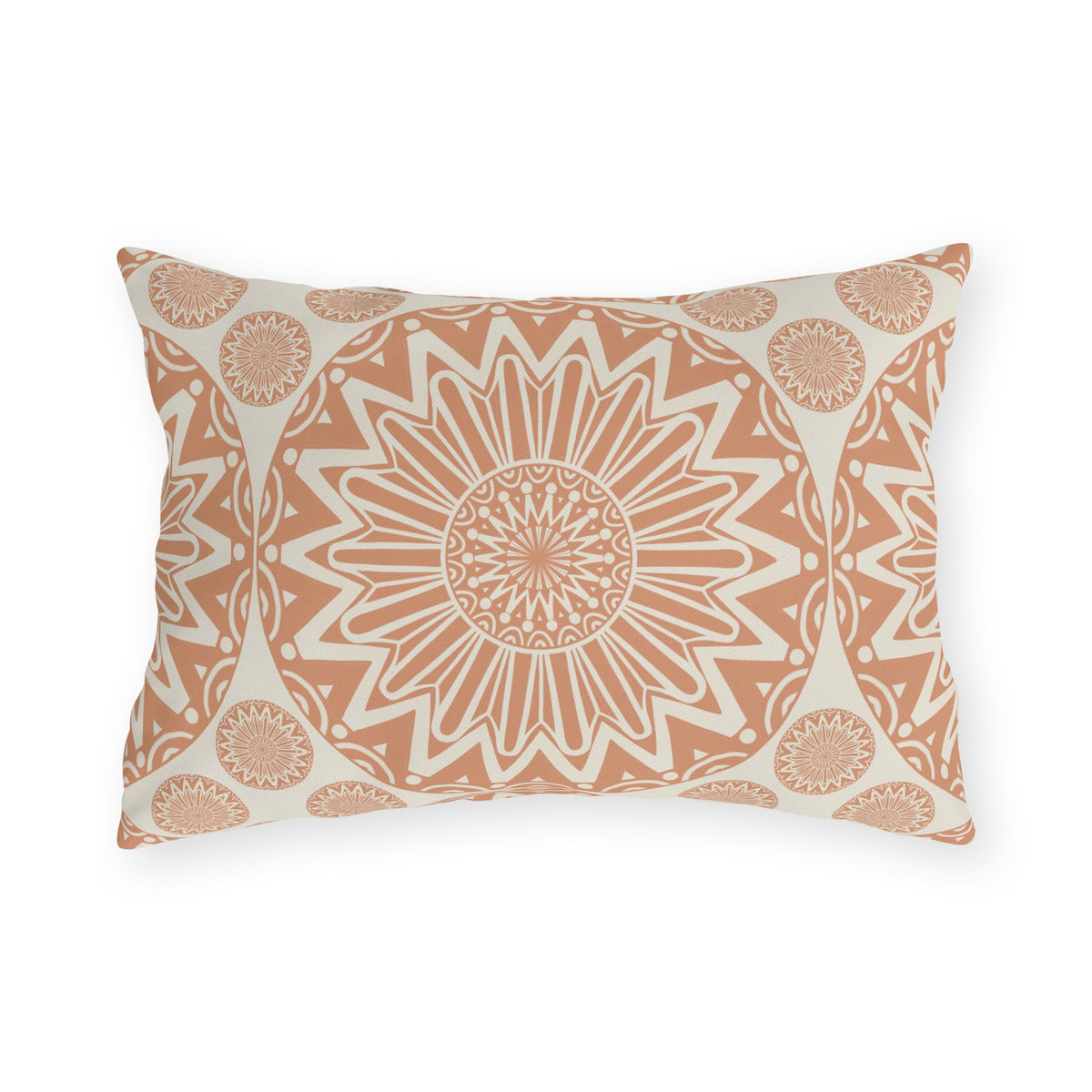 Boho Mandala outdoor pillow in the rectangular lumbar size, front view
