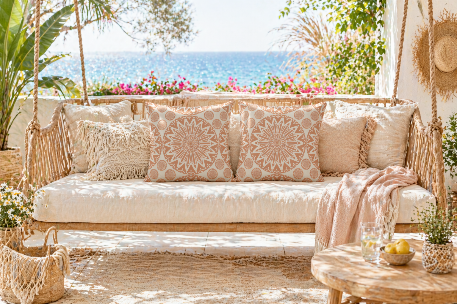 Boho Mandala outdoor pillows on a garden sofa overlooking the sea