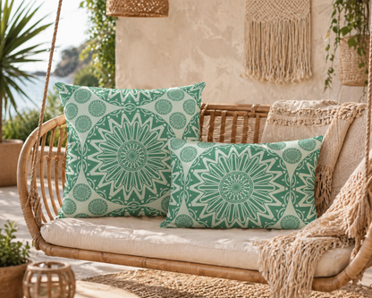 Two green Boho Mandala outdoor pillows on a rattan garden sofa