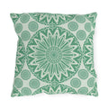 Boho Mandala outdoor pillow in sage green and cream with a large mandala medallion, front view