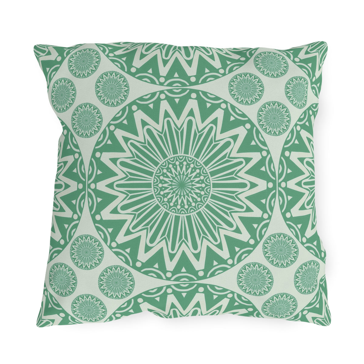 Boho Mandala outdoor pillow in sage green and cream with a large mandala medallion, front view