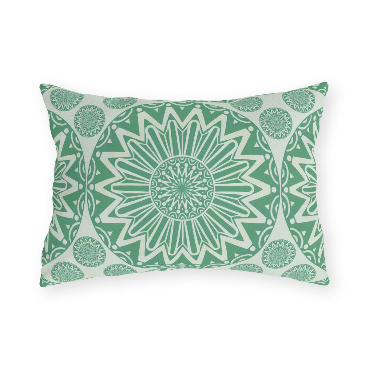 Boho Mandala outdoor pillow in green in the rectangular lumbar size, front view