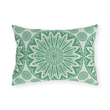 Boho Mandala outdoor pillow in green in the rectangular lumbar size, front view