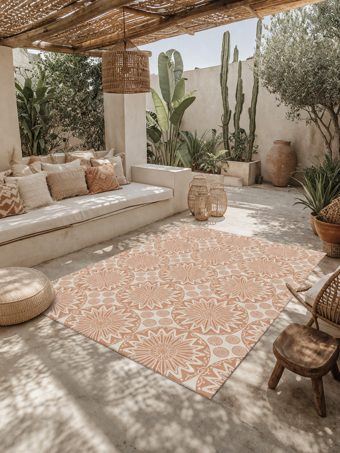 Beige mandala outdoor rug in a courtyard with a pergola and cacti