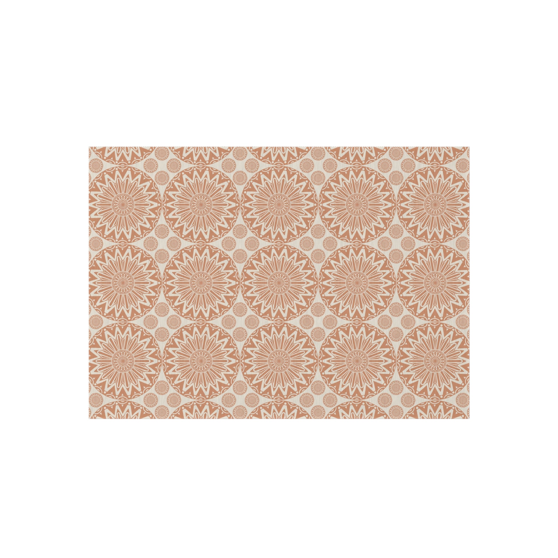Boho Mandala outdoor rug in beige and terracotta with a repeating mandala pattern, shown flat