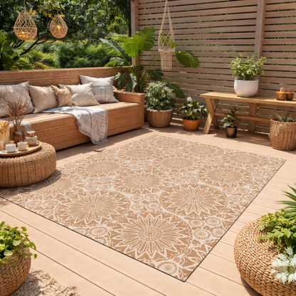 Mandala outdoor mat on a patio with a built-in sofa and potted plants