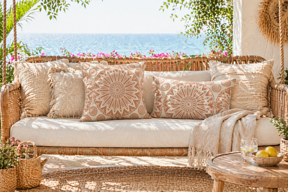 Mandala outdoor rug on a seaside terrace with cushions on a garden sofa