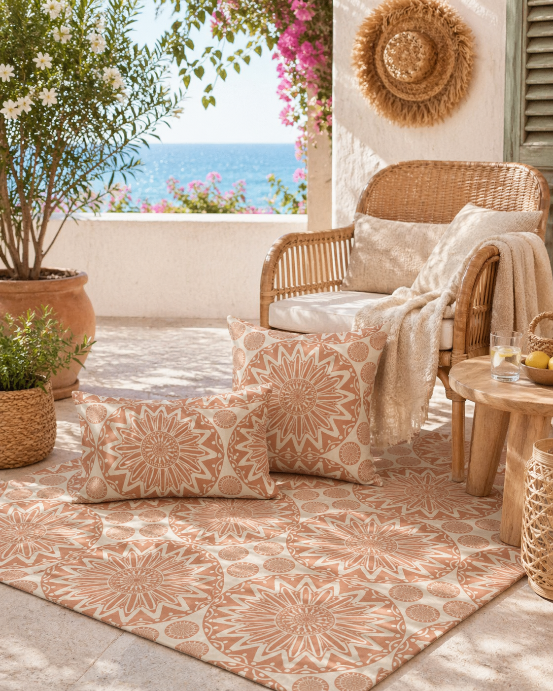 Boho Mandala outdoor rug on a terrace with a cushioned bench and sea view