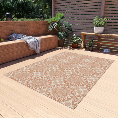 Boho Mandala outdoor rug on a wooden deck beside a built-in bench