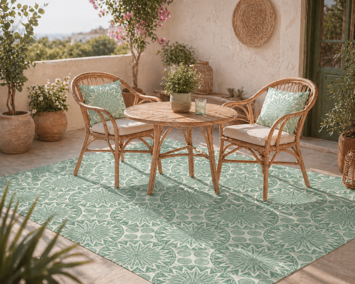 Green Boho Mandala outdoor rug under a rattan table and chairs in a courtyard