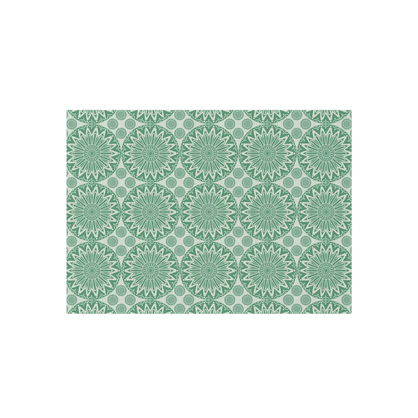 Boho Mandala outdoor rug in sage green and cream with a repeating mandala pattern, shown flat