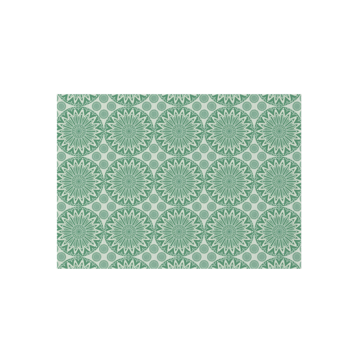 Boho Mandala outdoor rug in sage green and cream with a repeating mandala pattern, shown flat