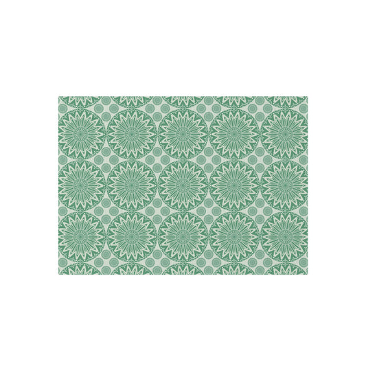 Boho Mandala outdoor rug in sage green and cream with a repeating mandala pattern, shown flat