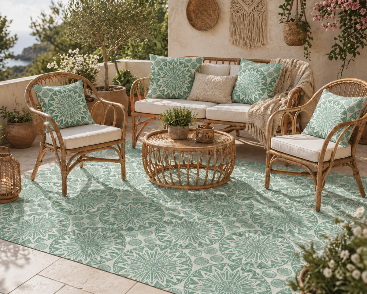 Green mandala outdoor rug on a patio with rattan seating and matching green cushions