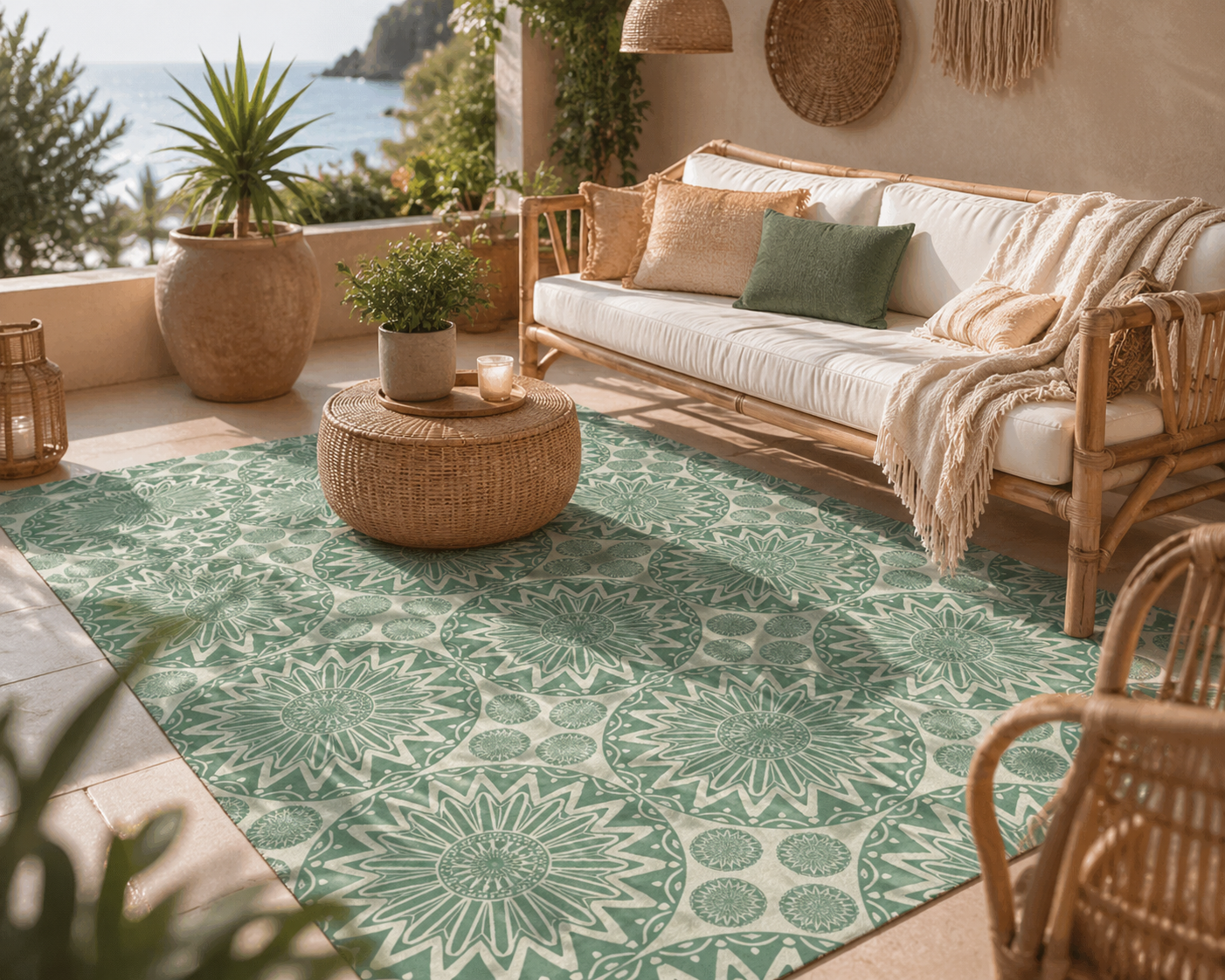 Sage green outdoor mat on a terrace with a rattan sofa and potted palms