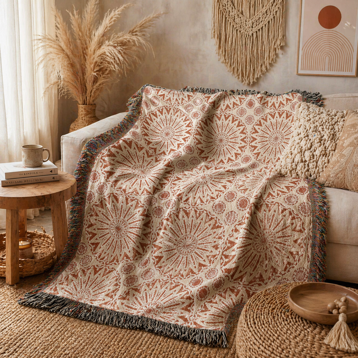 Boho Mandala woven blanket draped over an armchair with pampas grass in a boho corner
