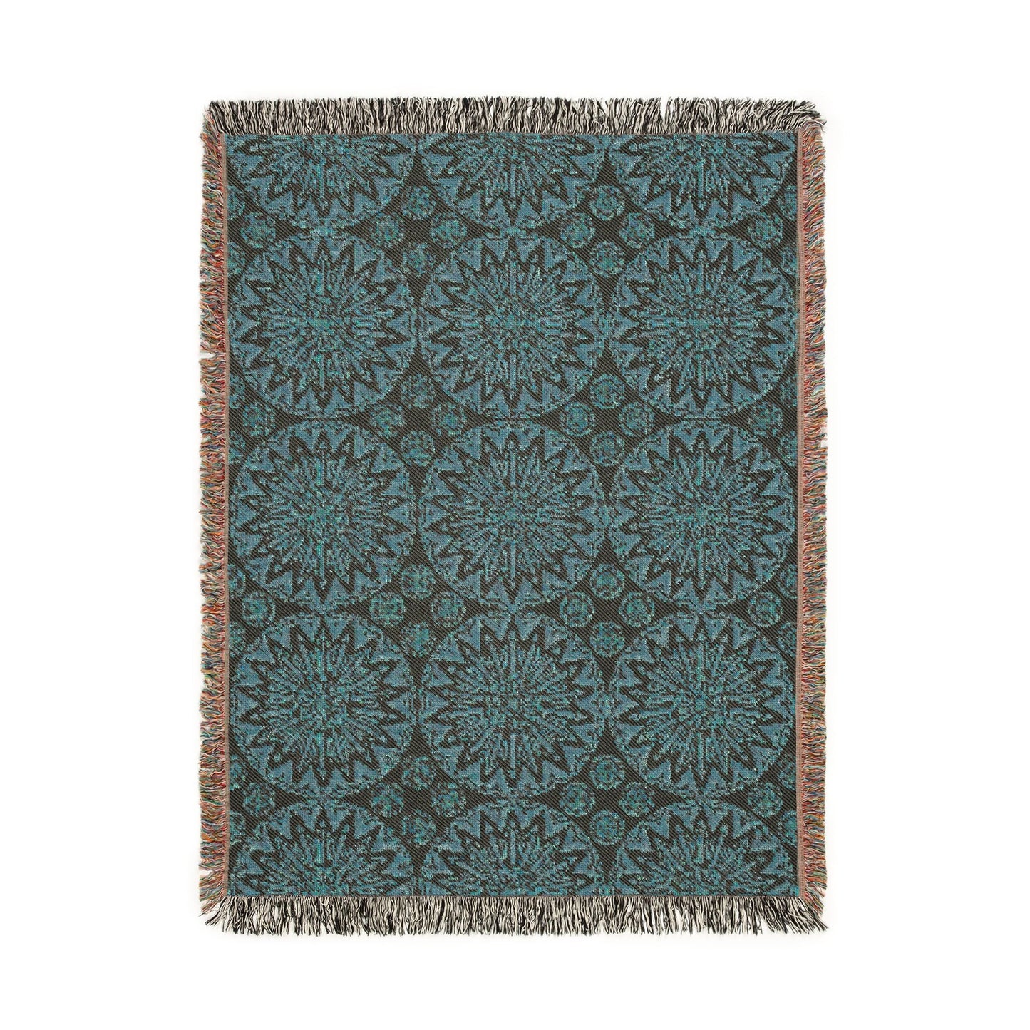 Reverse side of the Boho Mandala woven blanket in deep teal and cream