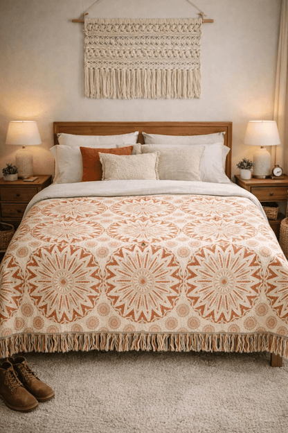 Boho Mandala woven blanket used as a bedspread under a macrame wall hanging