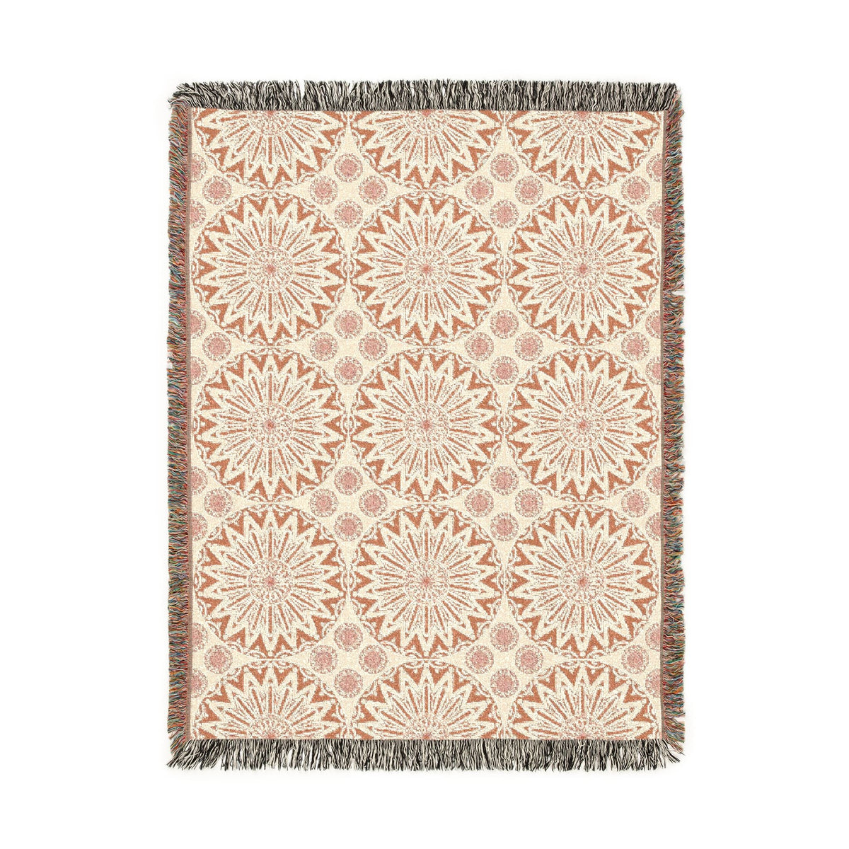 Boho Mandala woven blanket in cream with terracotta mandala medallions, shown flat