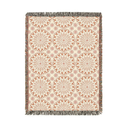 Boho Mandala woven blanket in cream with terracotta mandala medallions, shown flat