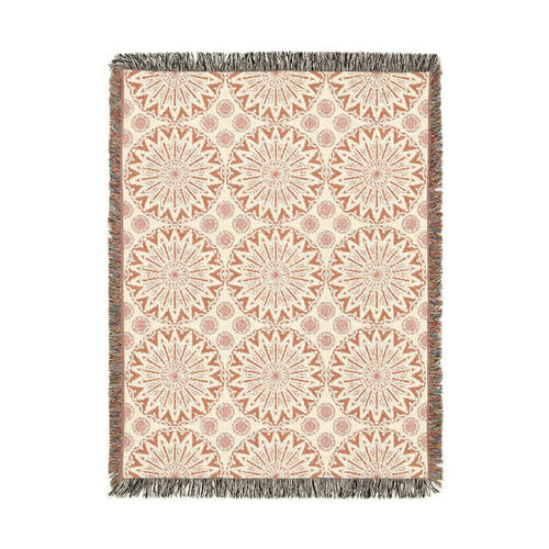 Boho Mandala woven blanket in cream with terracotta mandala medallions, shown flat