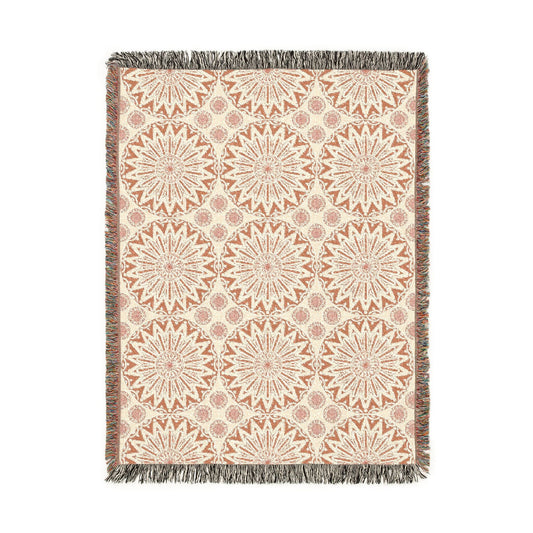 Boho Mandala woven blanket in cream with terracotta mandala medallions, shown flat