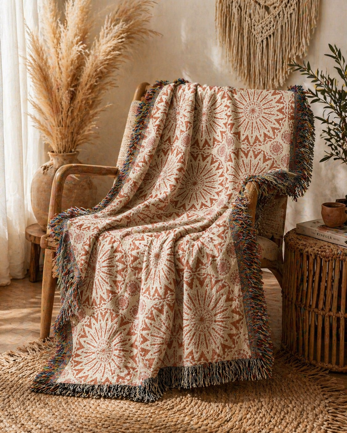 Boho Mandala woven blanket over a chair in a neutral boho living room