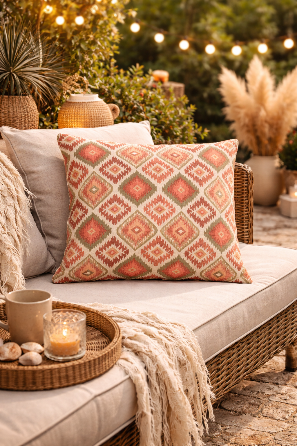 Coral and sage boho outdoor pillows on a garden bench with a cream throw at dusk