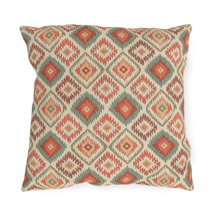 Boho outdoor pillow in cream with coral and sage green Aztec diamonds, front view